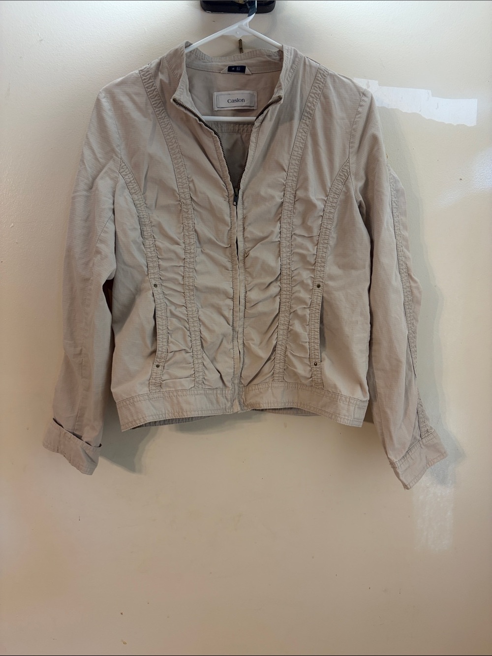 Caslon Light Khaki Ruffled Zip-Front Utility Jacket Sz. M